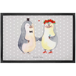 Fußmatte 50 x 75 cm Pinguin Heirat - Grau Pastell - Geschenk, Liebesgeschenk, Mr. & Mrs. Panda, Höhe: 0.3 mm, Charakteristische Designs grau