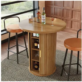 HAUSS SPOLE Bartisch Bartisch Stehtisch für Wohnzimmer,Esstisch 4 Etagen & Metallgriffen (Küchentisch Barschrank mit Schiebetür und Lamellenstruktur), Moderner Getränke- und Servier-Schrank mit MDF Tischplatte