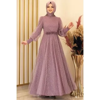 fashionshowcase Abendkleid silbriges Tüllkleid Abiye Abaya Hijab Kleid Maxikleid (SIMLI GAMZE) (ohne Hijab) Hoher Kragen, kein Ausschnitt. lila 48(EU 46)