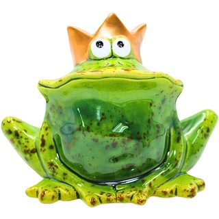 Lustiger Deko-Frosch mit Goldener Krone/Froschkönig, aus Keramik, in grün, für Heim, Garten, Terrasse oder Teich, Größe: L/B/H ca. 9 x 16 x 12 cm