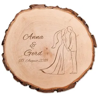 Casa Vivente Baumscheibe mit Gravur zur Hochzeit – Motiv Brautpaar – Personalisiert mit Namen und Datum – Türschild – Wand-Deko – Geschenkidee für Braut und Bräutigam – Hochzeitsgeschenke