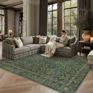 PureCozy Waschbarer Teppich Wohnzimmer 160x230cm Dunkelgrün Blumenmuster | Modern Teppiche, Weich Rutschfest, Kurzflor, Groß Tepich Schlafzimmer, Esszimmer, Living Room Carpet