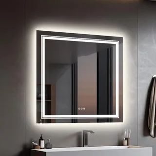 LED Bad Spiegel mit Beleuchtung: 80x80 cm Badspiegel mit Hintergrundbeleuchtung und Frontbeleuchtung - Smart Wandspiegel kosmetikspiegel mit 3 Touchschalter Beschlagfrei Dimmbar Speicherfunktion