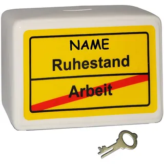 alles-meine.de GmbH große Spardose - Ortsschild - Ruhestand/Arbeit - incl. Name - mit Schlüssel und Schloss - stabile Sparbüchse aus Porzellan/Keramik - Sparschwein - Ren..