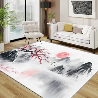 TerroVee Japanisch Waschbarer Teppich, Traditionell Orientalisch Sonnenuntergang Teppich 100x200 cm, Chinesisch Berg Kurzflor rutschfest Teppiche Für Schlafzimmer Wohnzimmer, Rot Schwarz