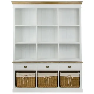 Wohnando Vitrine Großes, breites, Wandregal "Theresia", weiß, Küche mit Rattan Körben 160x40x206 cm, Wohnzimmer weiß