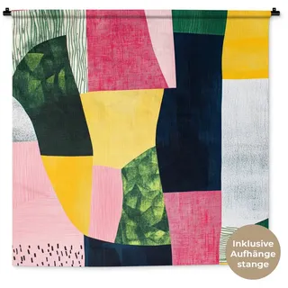 MuchoWow Wandteppich Abstrakt - Rosa - Formen - Gelb, Quadratisch, Höhe: 3 mm, Wand Teppich Wohnzimmer, Schlafzimmer, 150x150 cm gelb|rot Quadratisch | 150 cm x 150 cm x 3 mm
