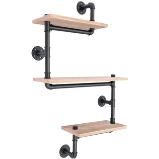 Pinuox Industrial Wandregal Holz Metall Regal Wand Vintage Hängeregal mit 3 Regalböden Display Rack Retro Wandmontage Bücherregal Schweberegale für Wohnzimmer, Küche, Arbeitszimmer, Badezimmer
