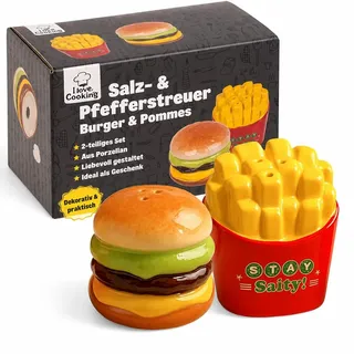 MIJOMA Salz- & Pfefferstreuer Set - Stilvolles Porzellandesign, Lebensmittelecht, Einfach zu Befüllen - Verschiedene lustige & niedliche Designs zur Auswahl (Burger & Pommes, 2-teilig)