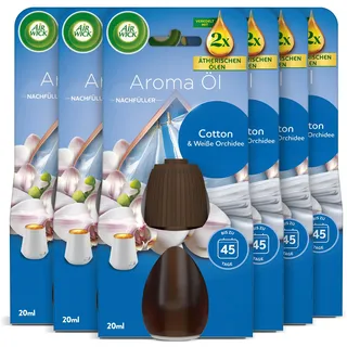 Air Wick Aroma-Öl – Vorteilspack – Nachfüllern mit ätherischen Ölen – Raumduft Cotton und Weiße Orchidee – 6 x 20 ml