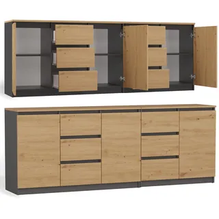 CDF Sideboard 200cm grifflos 3 Türen 6 Schubladen Kommode Anrichte Wohnzimmer Schrank viel Stauraum Schlafzimmer Büro Flur Rollschienen Stahlscharniere Eiche Artisan Anthrazit modern 16mm Spanplatte