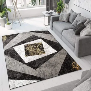 TAPISO Dream Teppich Modern Wohnzimmer Kurzflor Grau Schwarz Creme Gelb Vierecke Meliert Schlafzimmer Esszimmer ÖKOTEX 150 x 240 cm