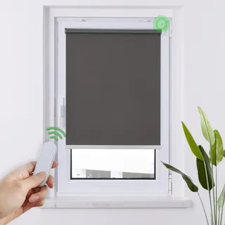 HOMEDEMO M100 Elektrische Rollos Verdunkelungsrollo mit Motor & Fernbedienung, Dunkelgrau 90x150cm(BxH), Smart Rollo ohne Bohren klemmfix & mit Bohren, Sonnenschutz Sichtschutz Rollo für Fenster