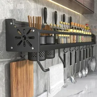 Wandmontierter Küchenutensilienhalter. Gewürzregal Mit Haken. Hängendes Wandregal Für Pfannenwender Und Löffel. Organizer Für 50-cm-gewürzgläser. Messerhalter Und Aufbewahrung Für Küchenutensilien.
