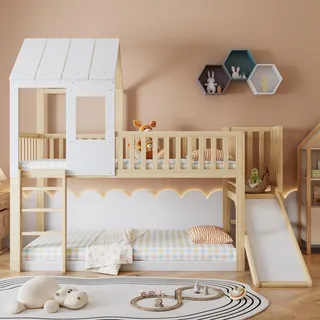 Moimhear Etagenbett mit rechtwinkliger Leiter und Rutsche, Hausbett mit Dach und Fenster, Kinderbett mit Fallschutz und Gitter, Rahmen aus Kiefer, Natur+Weiß (90x200cm)