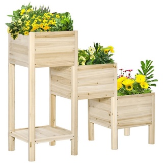 Outsunny Hochbeet 3 Etagen Pflanzkasten aus Holz (Blumenwagen, 1 St., Pflanzkübel), für Garten, Balkon, Naturholz beige