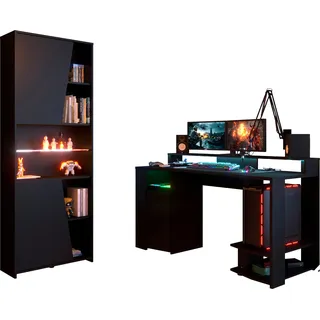 Parisot Gaming Set schwarz - 2-teilig - Schreibtisch - für bis zu drei Bildschirme - Regal - inkl. LED Beleuchtung - Holznachbildung - Glas Einlegeboden