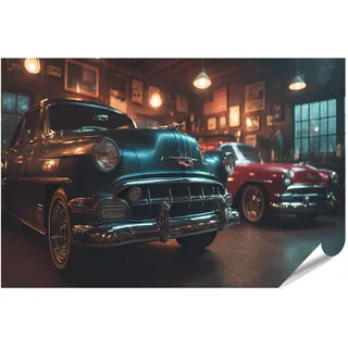 islandburner Premium Poster Klassische Autos in vintage Werkstatt Nostalgisches Wandbild - Großformat - Edition I4