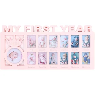 Baby-Fotorahmen-Set 12 Monate Wachstum, Rosa | Kunststoff Bilderrahmen Collage, monatliche Babyfoto Halterung, Wand-Deko oder Tischaufsteller, Babygeschenk zur Geburt