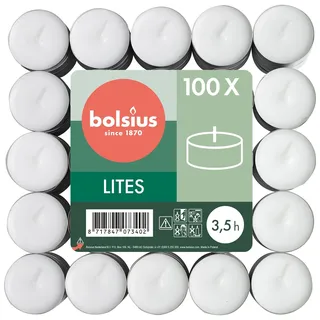 bolsius Teelichter, geruchlos, Weiß, 100 Stück 3,5 Stunden
