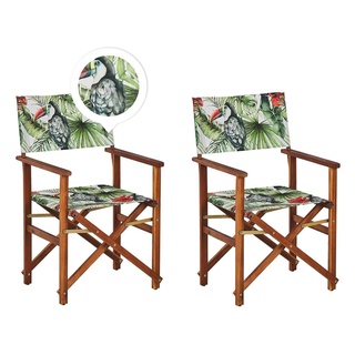 BELIANI Gartenstühle 2er Set Dunkles Akazienholz mit Wechselbarem Bezug Cremeweiß / Bunt Zusammenklappbar Tukanmuster Outdoor Gartenzubehör