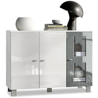 Vladon Sideboard 107 x 81 x 35 cm Weiß matt/Weiß Hochglanz/Grau Hochglanz