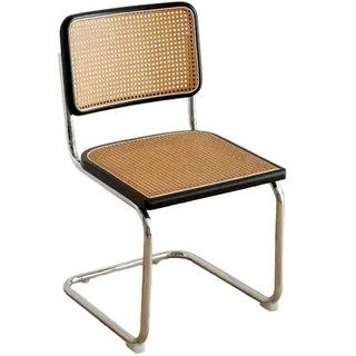 Gepolsterter Holz-Rattan-Esszimmerstuhl, armloser Esszimmer-Küchenstuhl mit natürlicher Rohrrückenlehne und rostfreiem Chromgestell, Loungesessel für Wohnzimmer/Schlafzimmer/Hof