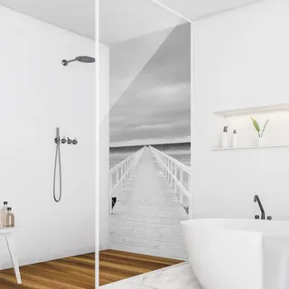 Duschrückwand Strand selbstklebend - 0.61 mm Wandpaneel wasserfest Meerblick schwarz weiss Maritim Badrückwand fugenlos  Premium matt 110x200 cm