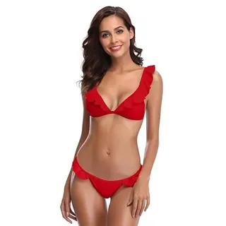 SHEKINI Damen Bikini Set Tiefer V-Ausschnitt Rückenfrei Rüsche Dekoration Verstellbarer Schultergurt Bikinioberteil Zweiteiliger Badeanzug Niedrige Taille Bikinihose(XL,groß Rot) - XL