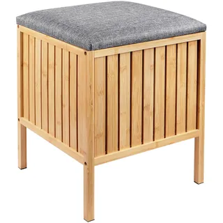 Relaxdays Wäschekorb zum Sitzen, Bambus, gepolsterter Deckel, HxBxT: 52 x 39 x 39 cm, Badhocker mit Stauraum, Natur/grau