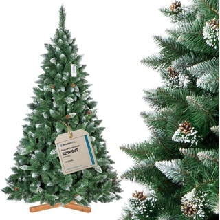 Fairytrees Künstlicher Weihnachtsbaum FT04, Kiefer Natur-Weiss beschneit, mit echten Tannenzapfen und Echtholz Baumständer grün 220 cm