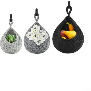 Wand-Obstkörbe für Küche, Boho-Hängeaufbewahrungskörbe, 3er-Set – handgefertigte Baumwollseil-Organizer in großen, mittelgroßen und kleinen Größen