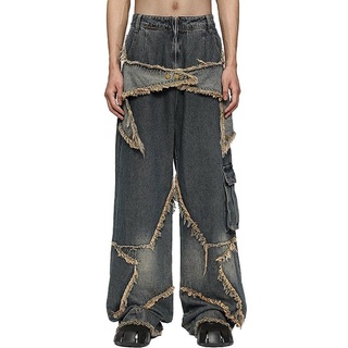 KIKI Jeanshotpants Herren Patchwork Vintage Loose Jeans Damen Hohe Taille Fransensaum XL