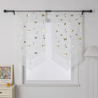 Joyswahl Kurzgardine scheibengardine, Weiß, Gold, Textil, Schmetterling, 40x90 cm, ohne Technik, Wohntextilien, Gardinen & Vorhänge, Fertiggardinen, Scheibengardinen