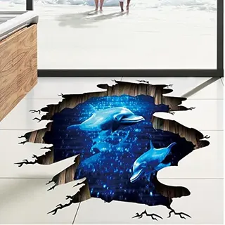 HALLOBO® XXL Wandtattoo Wandaufkleber 3D Boden Delphin Unterwasserwelt Delfine Marine Meer Wandbild Wohnzimmer Schlafzimmer Kinderzimmer Deko Badzimmer