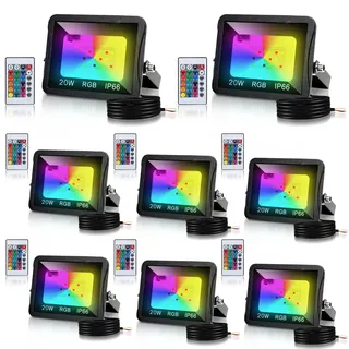 Tubiaz 8er 20W RGB LED Strahler mit Fernbedienung, Bunt Dimmbar Fluter Scheinwerfer 16 Farben 4 Modi, Memoryfunktion und DIY-Farbe, IP66 Wasserdicht Aussen Innen (kein Stecker)
