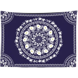 Ulticool Mandala Weiße Blumen Blätter Natur – Wandteppich – 200 x 150 cm – großer Wandteppich – Poster Dekoration – Zubehör Hippie Bohemian – Leinwand – Blau