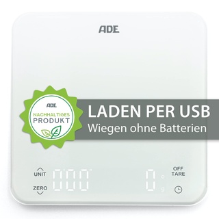 ADE Digitale Küchenwaage mit Akku - Aufladung per USB ohne Batterie | präzise Kaffeewaage mit integriertem Timer | bis 5 kg / 1 g
