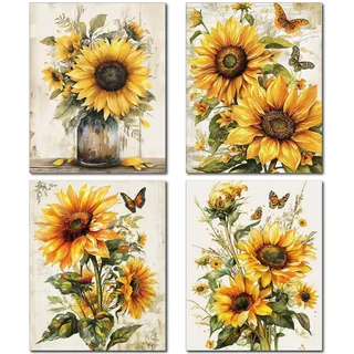 CREATCABIN 4 Stück Sonnenblumen-Drucke,Wandkunst,Pflanzen-Leinwandposter,Vintage-Blumenbild,Wanddekoration,Rustikales Blumen-Leinwandbild,Rechteckig,Chemiefaseröl Für,Bauernhaus,25x20cm,Ungerahmt
