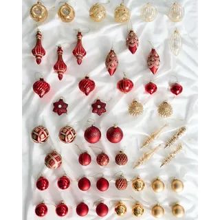 Beliani Weihnachtskugel 50er Set Glas rot/Gold handgemacht Weihnachtskugeln Sparkle