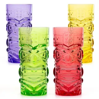 CKB LTD 4er-Set TIKI Becher Maori Tiki Glas Farbiges Glas Tiki-Set Cocktailgläser Cocktailbecher Longdrinkglas für Mai Tai, Rum Cocktail, Tiki Bar 450ml