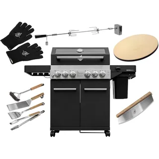 FEUERGOTT Gas-Grillstation Hektor 4B-S Pizza-Set mit Abdeckhaube, Drehspieß, Pizzastein, Pizzaschneider, Grillzubehör, 3 Hauptbrenner, Infrarotbrenner, Heckbrenner, Seitenkocher