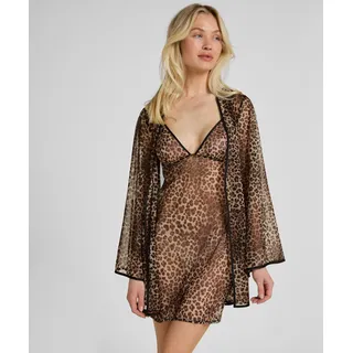Bademantel HUNKEMÖLLER "Leopard Mesh Kimono" Gr. M, braun (schwarz), M/L, 90% Polyamid, 10% Elasthan, Hausmäntel, Bademantel