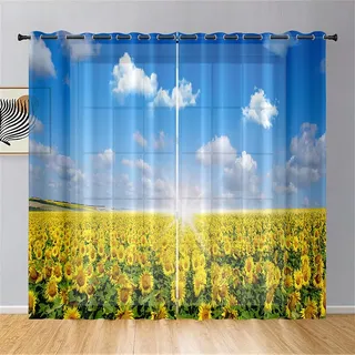 Odot Transparent Gardinen mit Ösen Schlaufen, Sonnenblumen Druck Vorhänge Voile Sheer Vorhang Dekoschal Fensterschal Ösenvorhang für Wohnzimmer Fenster 2er Set (Sonnenblume 10,80x115cm)