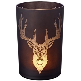 EDZARD Windlicht Teelichtglas Kerzenglas Alex, schwarz, Hirsch-Design, Höhe 18 cm