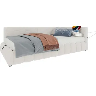 OKWISH Daybett 90x200 mit hydraulischem Stauraum, USB- und Typ-C-Anschluss, LED-Beleuchtung, modernes Polsterbett mit Bettkasten Weiß
