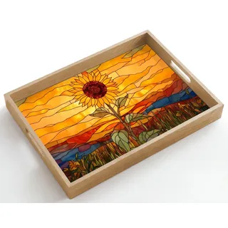 OnlyWow Tablett Rechteckig mit Henkel Sonnenblume - Mosaik - Sonnenuntergang - Gelb, Eichenholz, (1-tlg), Servierbrett Groß, Tischdeko, Platte, Tisch Deko 50 cm x 35 cm x 5 cm