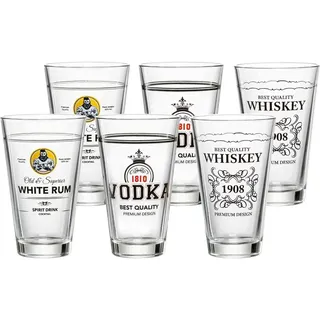 Ritzenhoff & Breker Spirits gemischtes Becher 6er Set, 330 ml, Longdrinkgläser für Vodka, Whisky und White Rum, Klassische Trinkgläser mit Spirituosen-Druck, Spülmaschinengeeignet