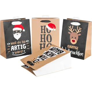 HEKU 24er Set Weihnachts-Geschenktaschen aus Papier | 4 Weihnachtsmotive X-mas Nature Trend I Hotfoil-Veredelung und Prägung I Praktische Größe (23x18x10 cm) I Umweltfreundlich und wiederverwendbar