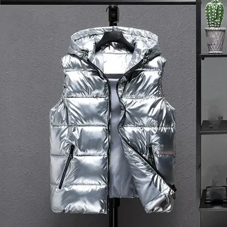 Damen Ärmellose Daunenweste - Winter Plus Größe Damen Daunenweste Mode Glänzende Kapuze Dicke Retro-Kurzjacke Wasserdichte Ärmellose Daunenjacke Jacke Warme Silberne Weste Outdoor-Sport Elegant